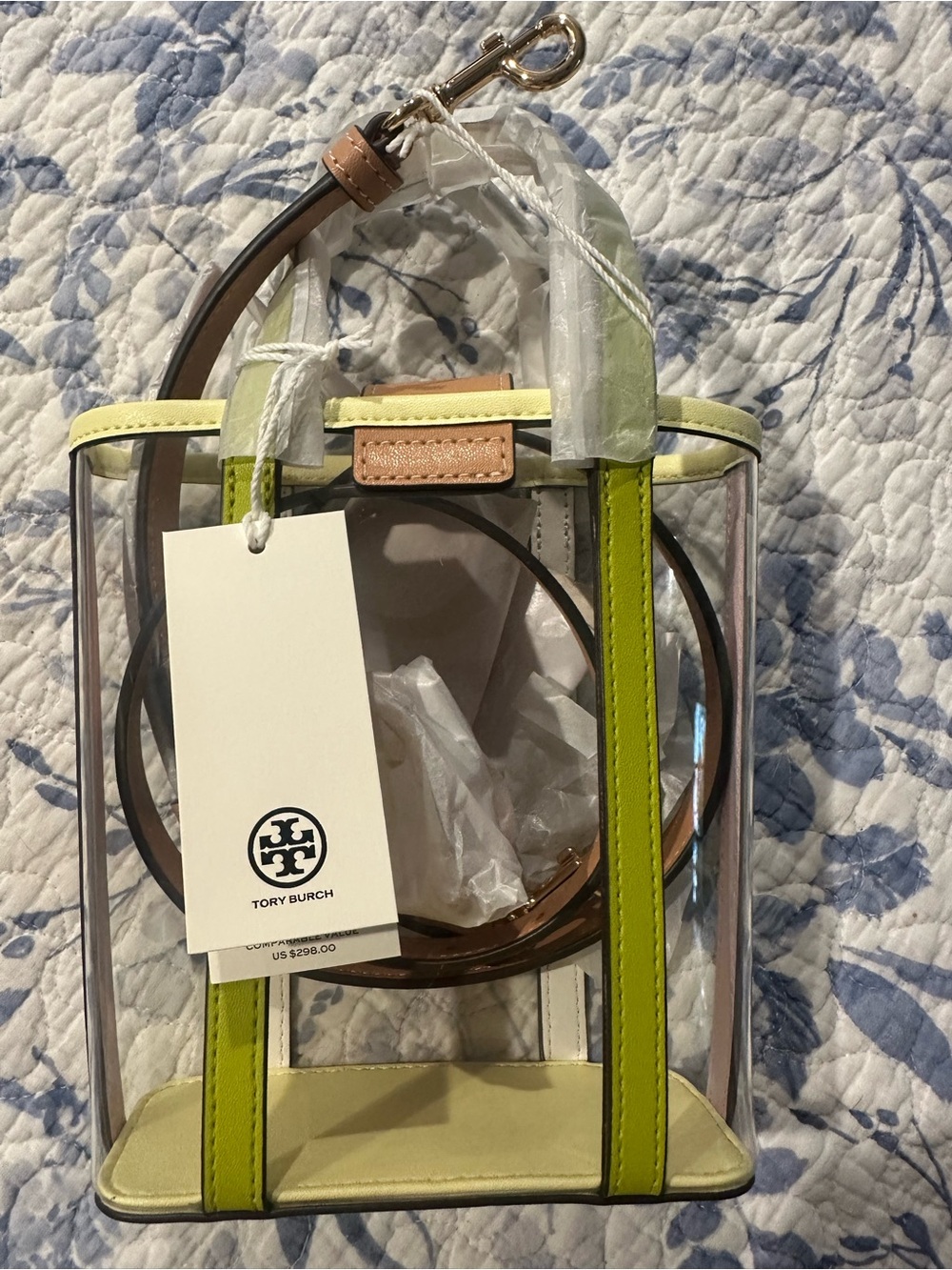 Tory Burch Clear Tote with Neon Yellow Trim and Tan Logo - Picture 3 of 9